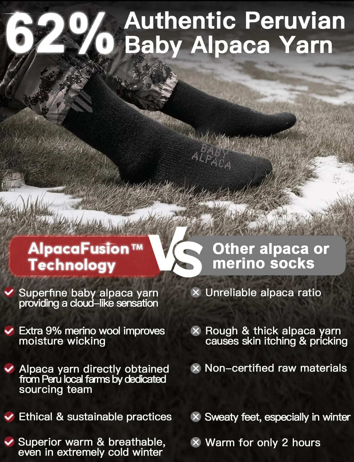 Alpaca Wool Boot Socks 2 pairs for Men and Women,Thick Thermal Winter Socks Cold Weather Hunting Hiking,Moisture Wicking