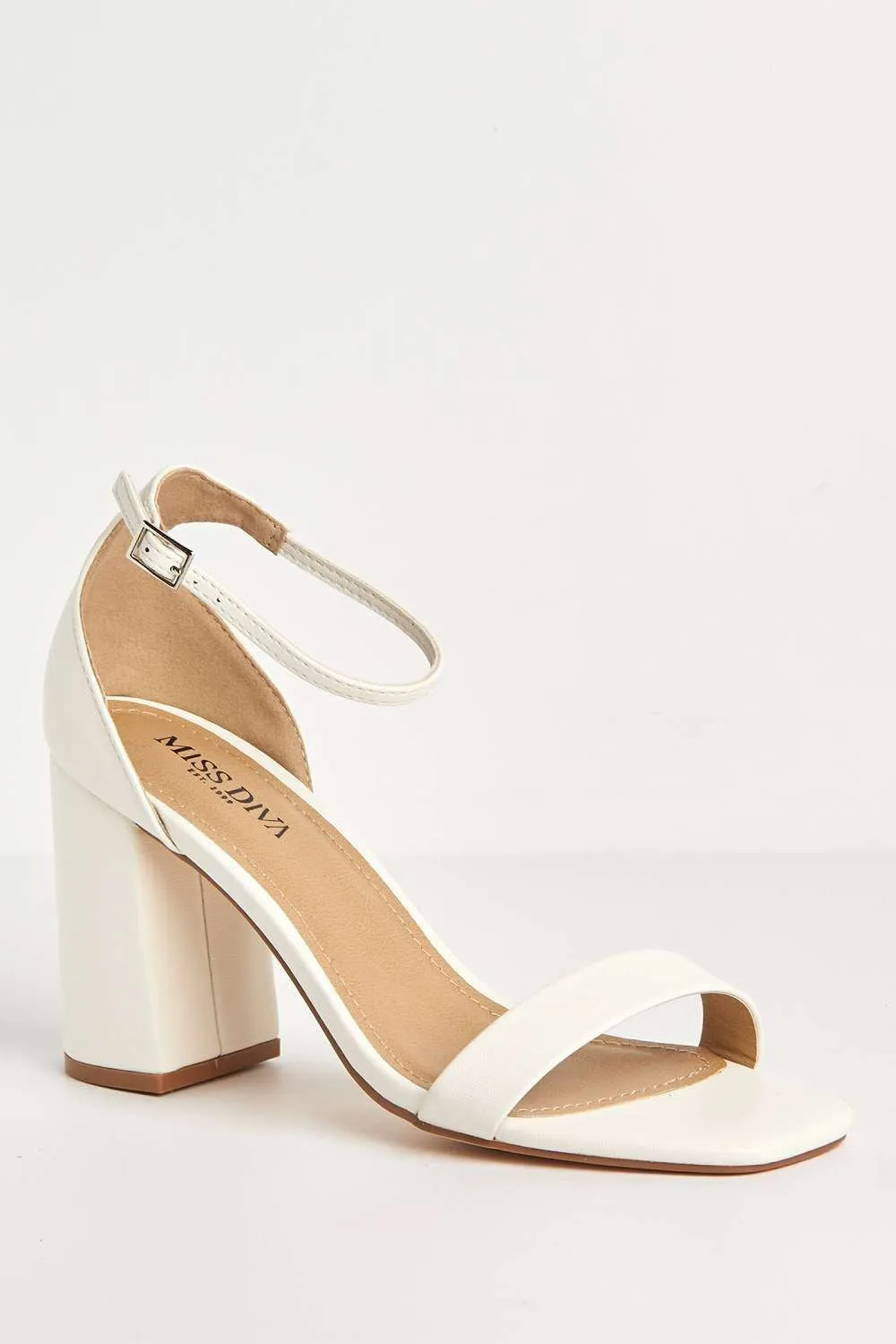 Arlie Square Toe Ankle Strap Block Heel Sandals in White Matt