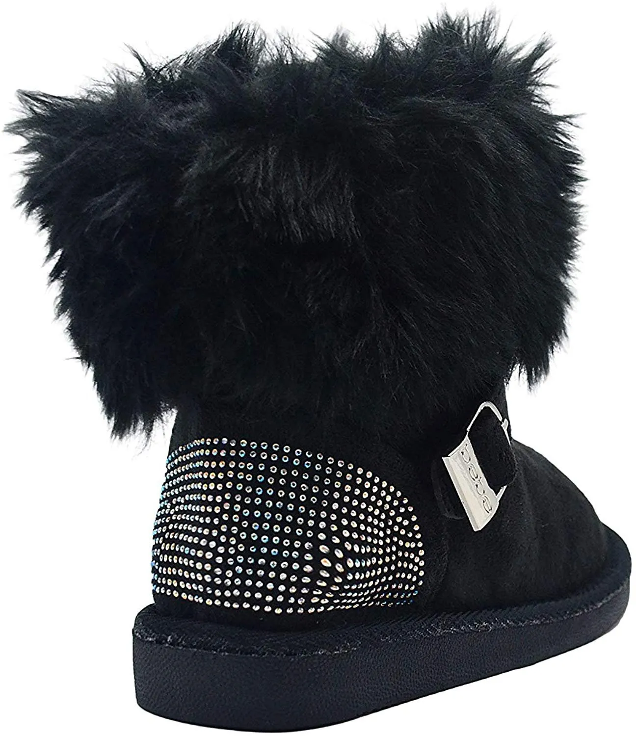 bebe Girls Big Kid Mid Calf Short Easy Pull-On Microsuede Winter Boots Embellished with Faux Fur Cuff and Rhinestone Back