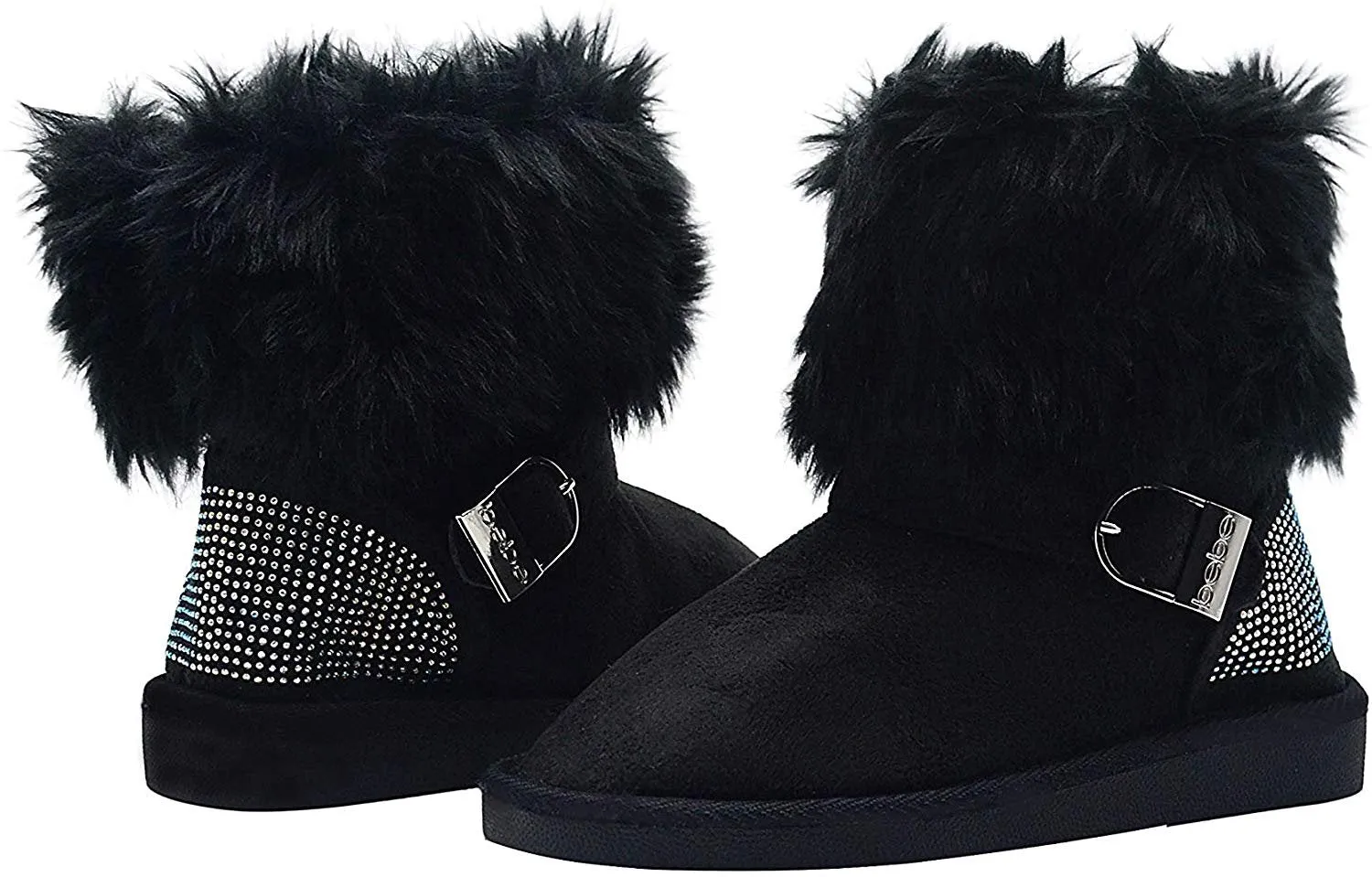bebe Girls Big Kid Mid Calf Short Easy Pull-On Microsuede Winter Boots Embellished with Faux Fur Cuff and Rhinestone Back