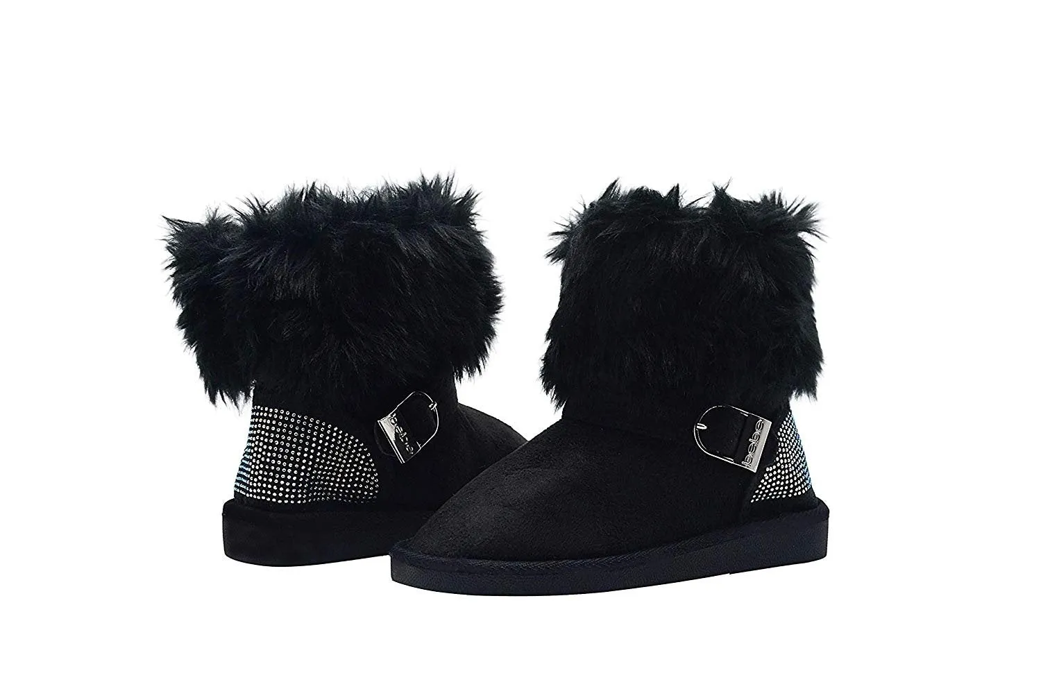 bebe Girls Big Kid Mid Calf Short Easy Pull-On Microsuede Winter Boots Embellished with Faux Fur Cuff and Rhinestone Back