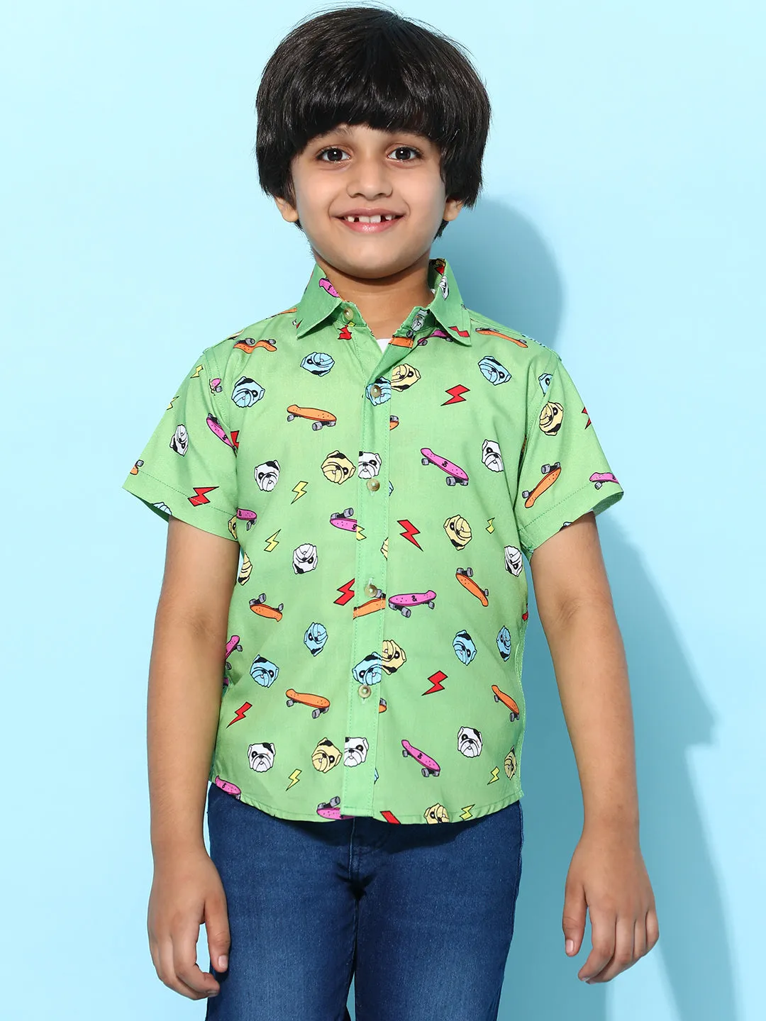 Boys Green Rayon Printed Regular Fit Shirt