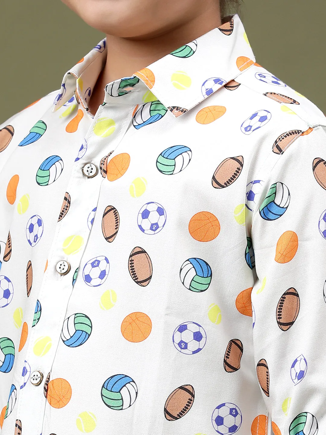 Boys Off White Rayon Printed Regular Fit Shirt