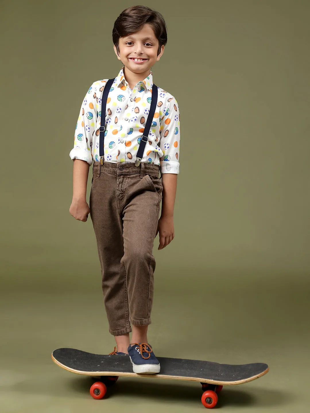 Boys Off White Rayon Printed Regular Fit Shirt