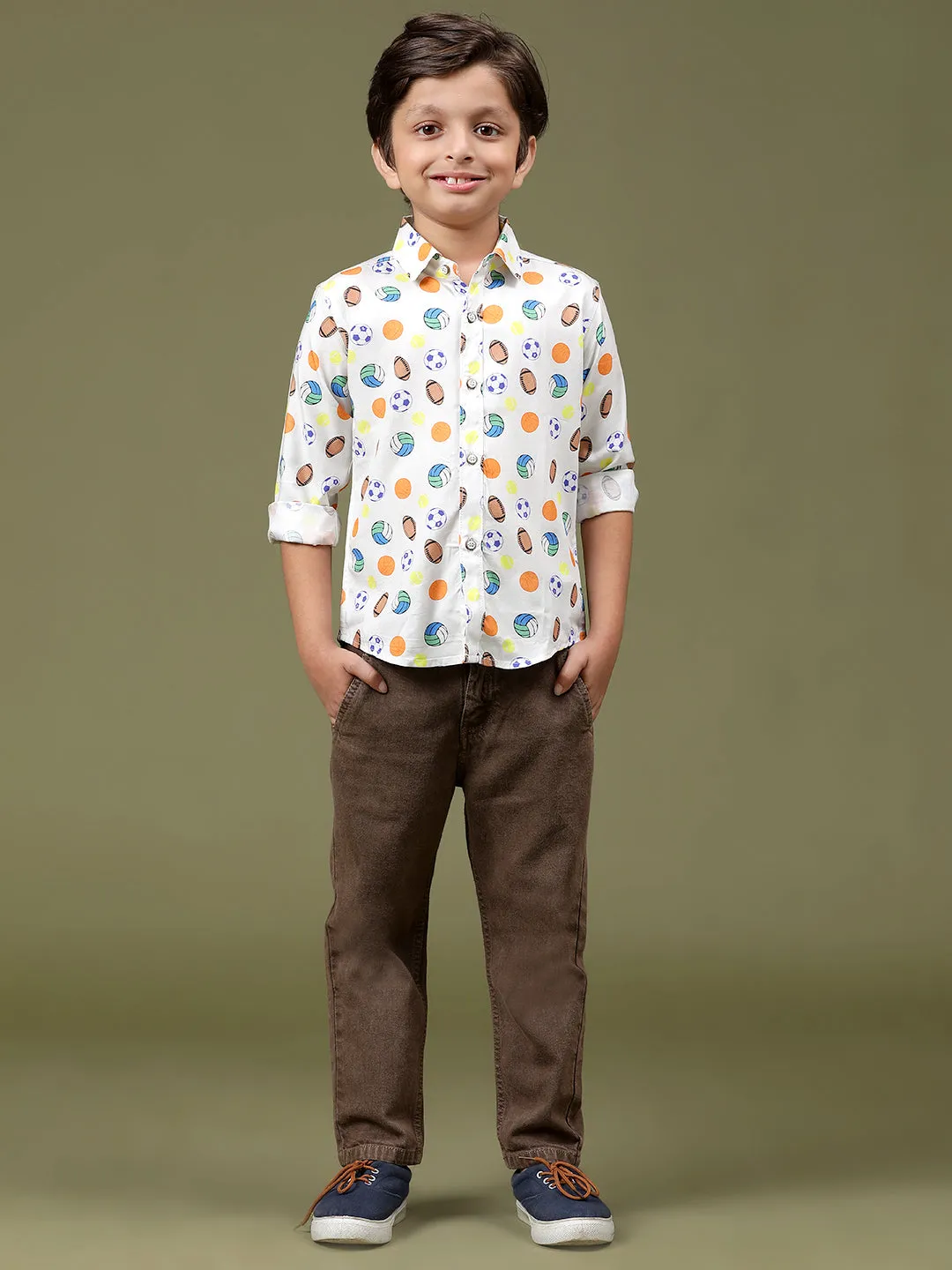 Boys Off White Rayon Printed Regular Fit Shirt
