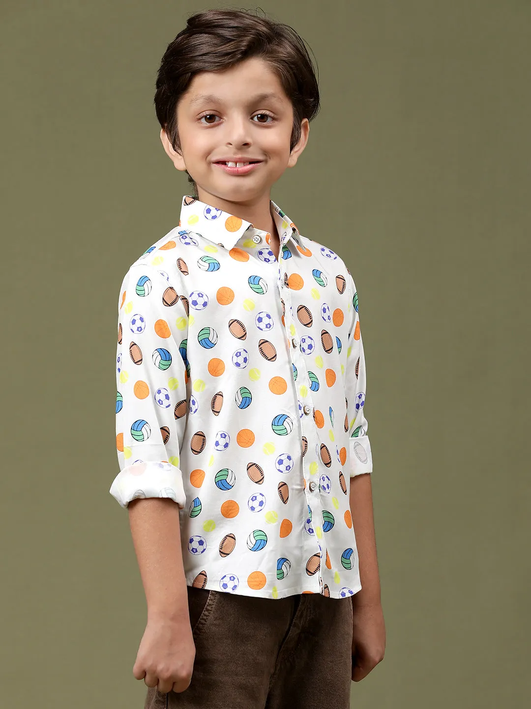 Boys Off White Rayon Printed Regular Fit Shirt