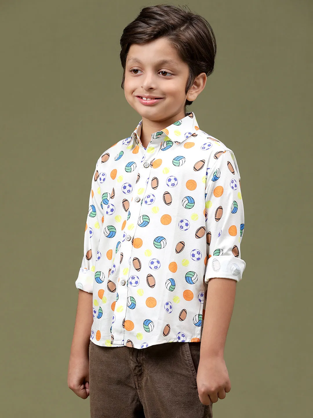 Boys Off White Rayon Printed Regular Fit Shirt