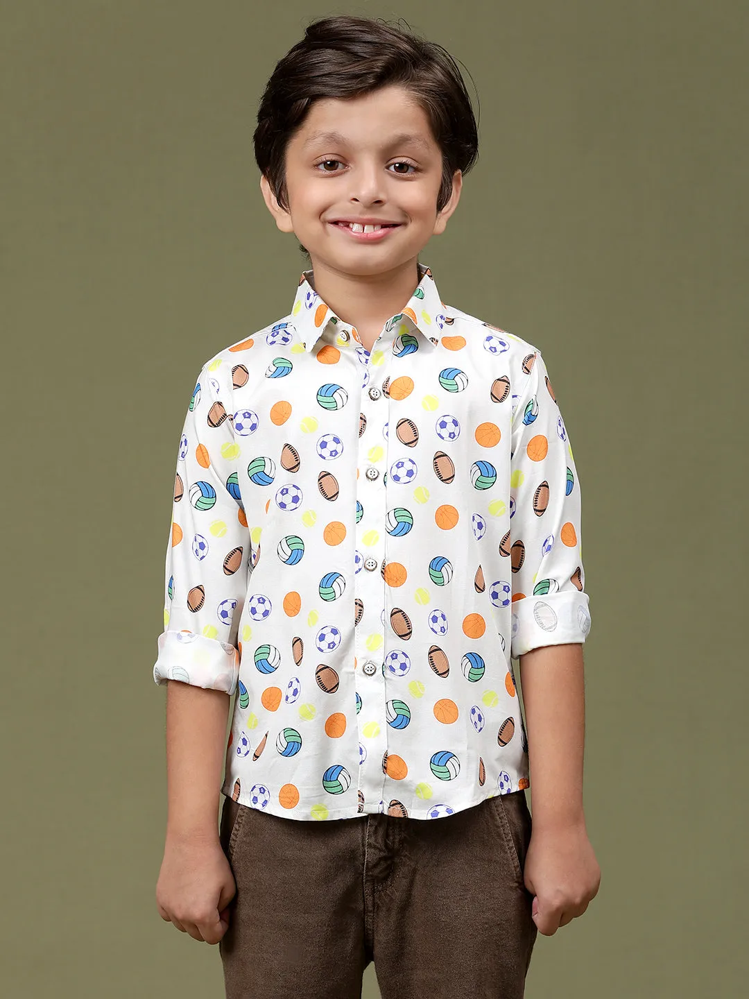 Boys Off White Rayon Printed Regular Fit Shirt
