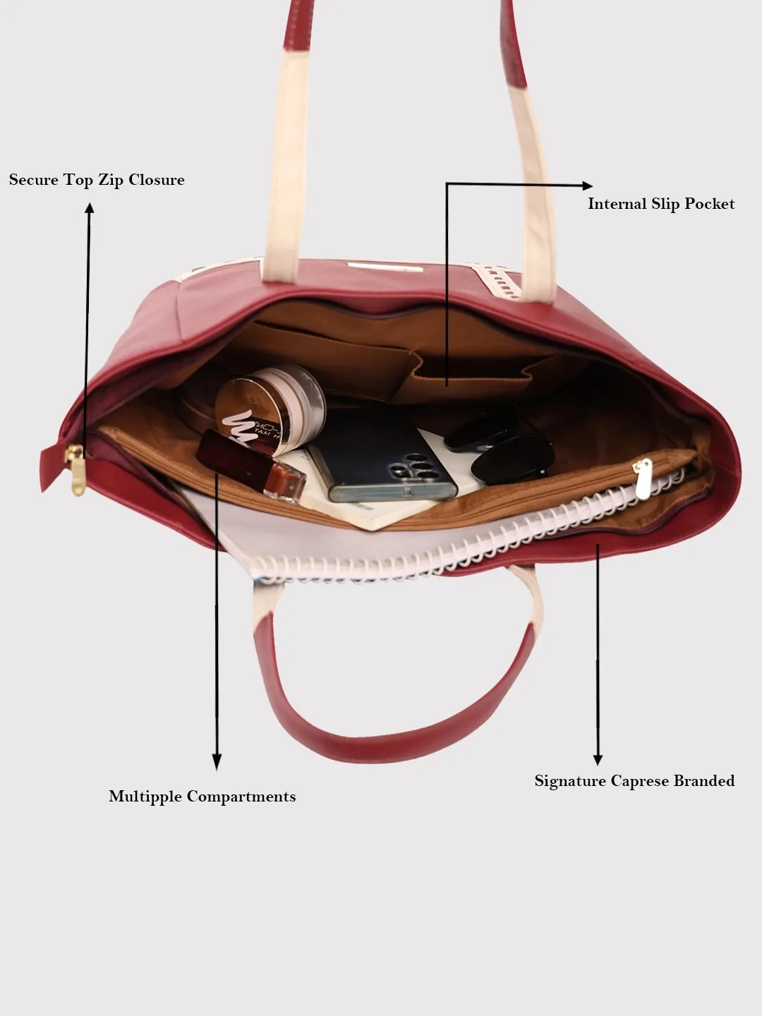 Caprese Lucca Tote Medium Solid Women'S Office Handbag Maroon