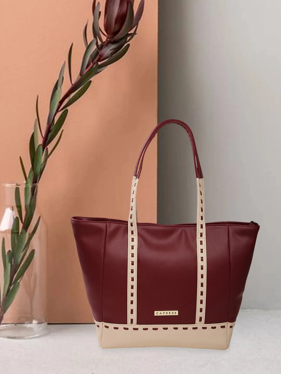 Caprese Lucca Tote Medium Solid Women'S Office Handbag Maroon