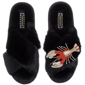 Classic Laines Slippers with Premium Red Lobster Brooch in Black