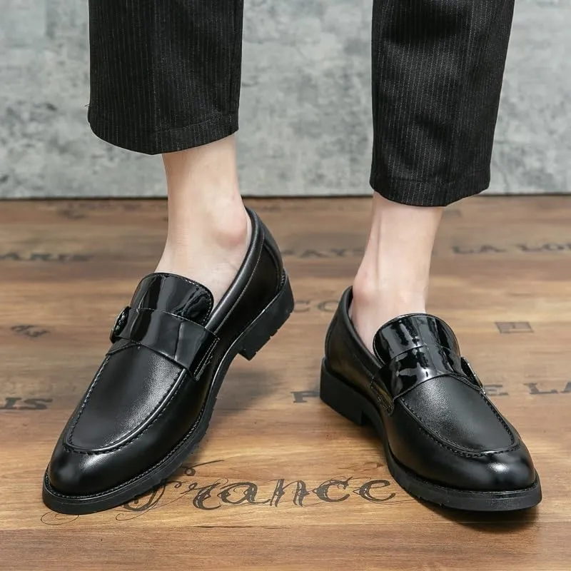 Dress Formal Shoes for Men Slip On Pointed Toe Vegan Leather Apron Toe Monk Strap Block Heel Non Slip Resistant Outdoor