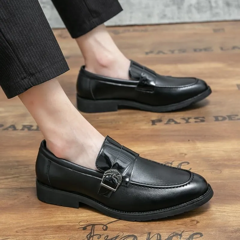 Dress Formal Shoes for Men Slip On Pointed Toe Vegan Leather Apron Toe Monk Strap Block Heel Non Slip Resistant Outdoor