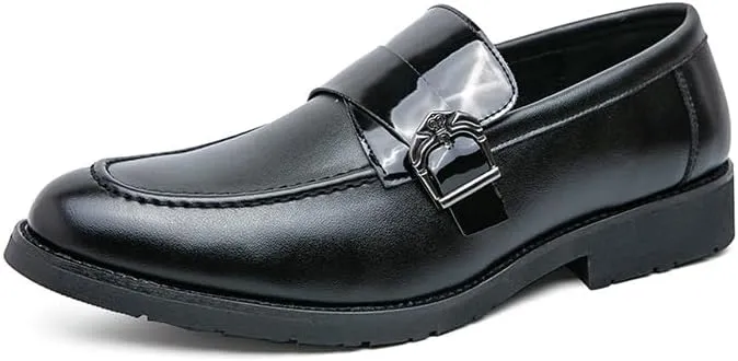 Dress Formal Shoes for Men Slip On Pointed Toe Vegan Leather Apron Toe Monk Strap Block Heel Non Slip Resistant Outdoor