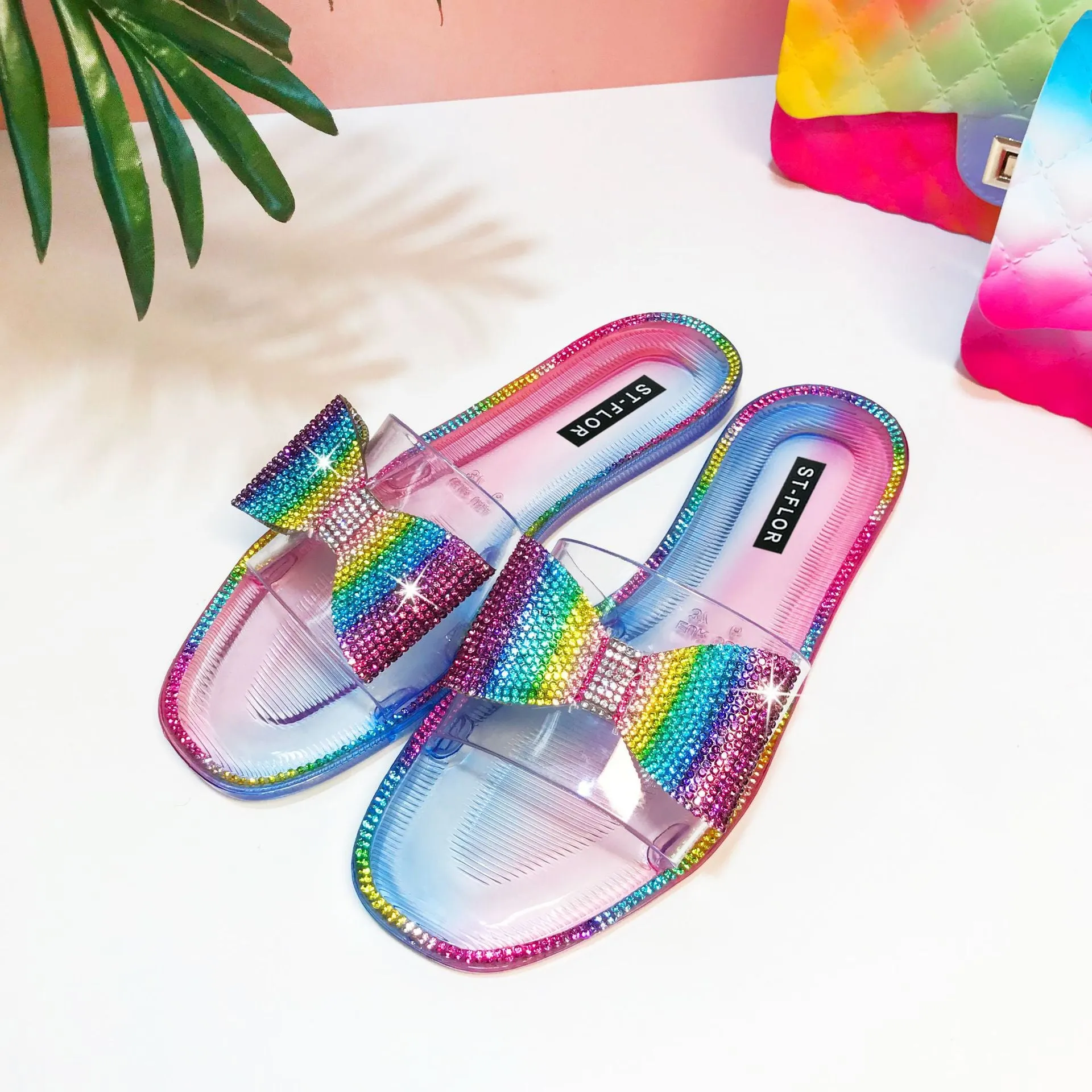 Fashion rhinestone colorful bow crystal flat slippers（ HPSD223）