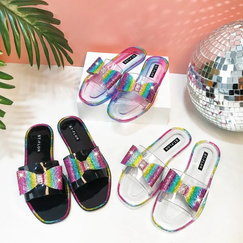 Fashion rhinestone colorful bow crystal flat slippers（ HPSD223）