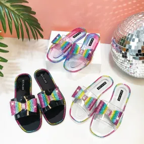 Fashion rhinestone colorful bow crystal flat slippers（ HPSD223）