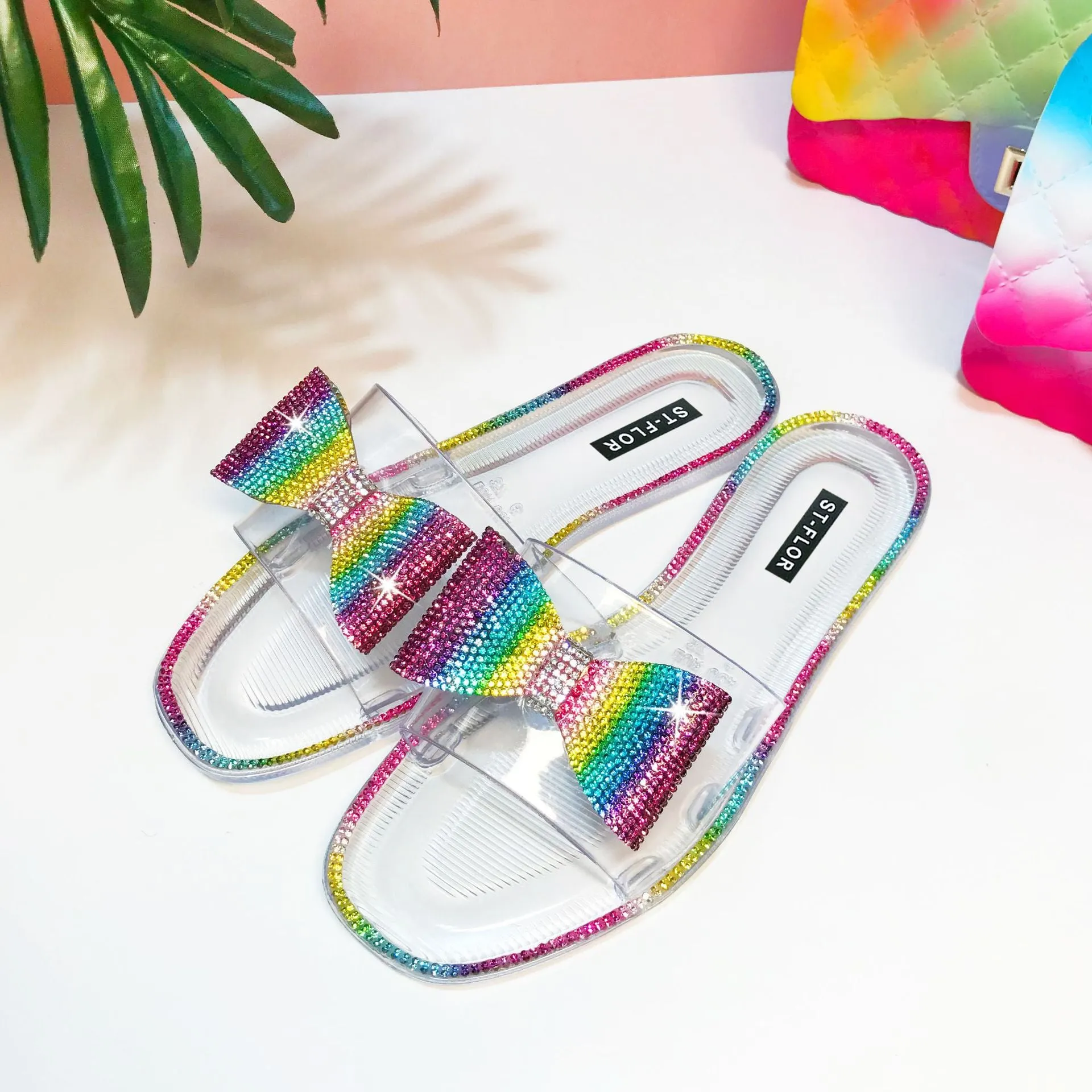 Fashion rhinestone colorful bow crystal flat slippers（ HPSD223）