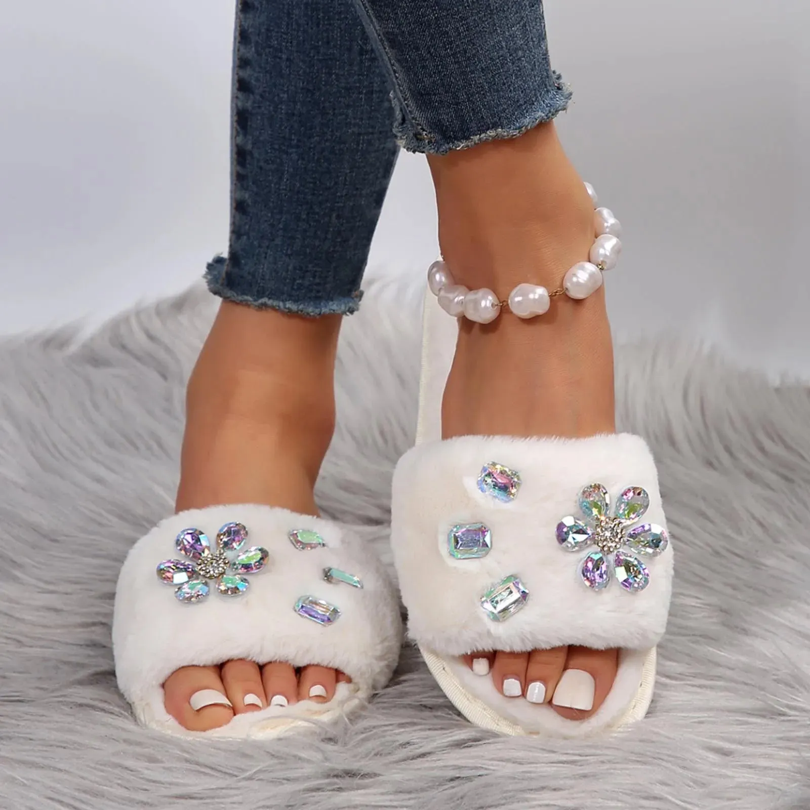 Flower Rhinestone Slippers for Women