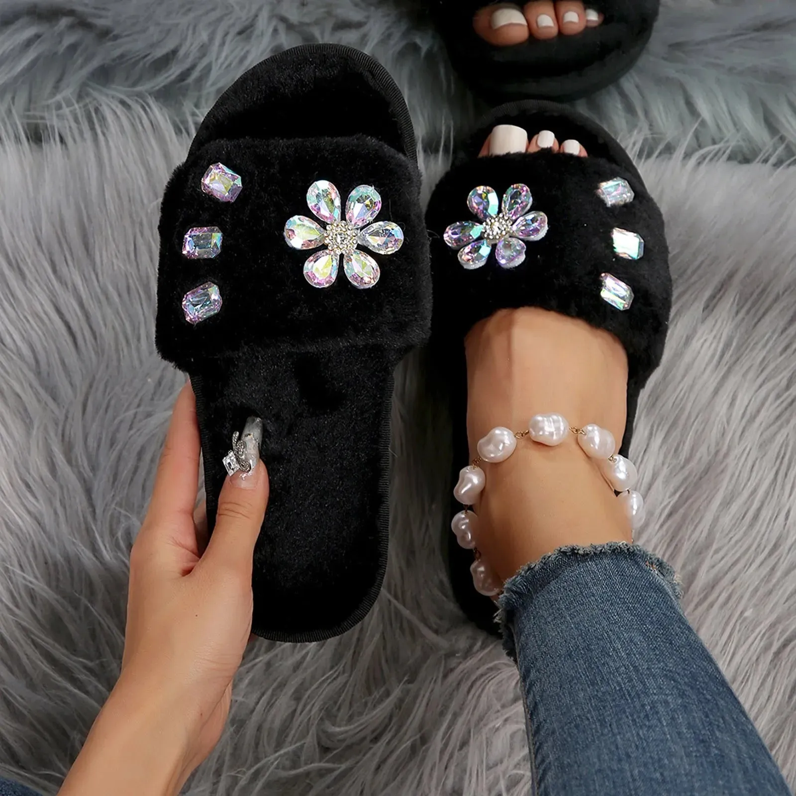 Flower Rhinestone Slippers for Women