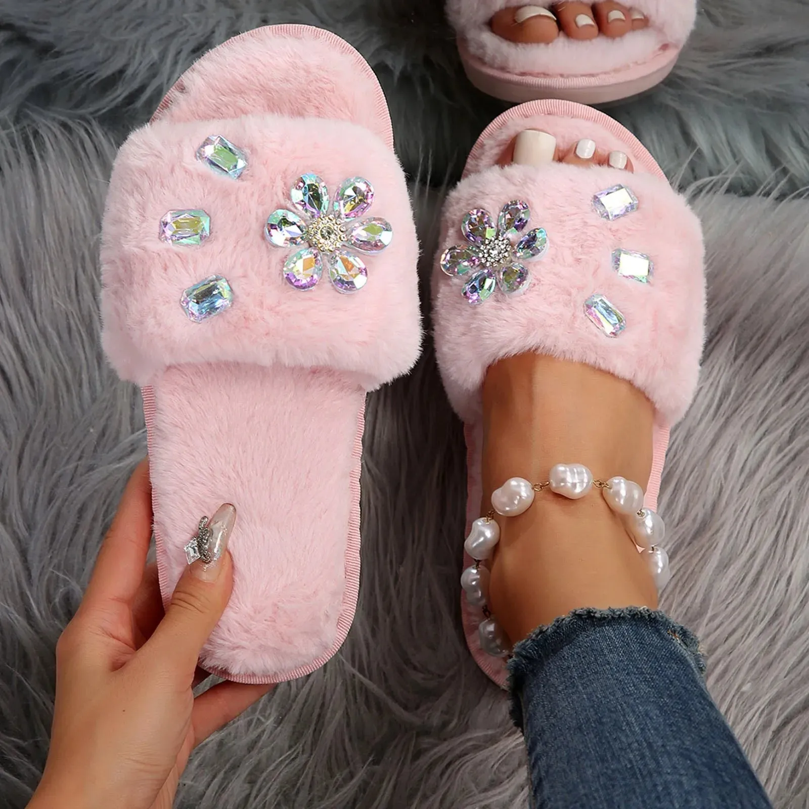 Flower Rhinestone Slippers for Women