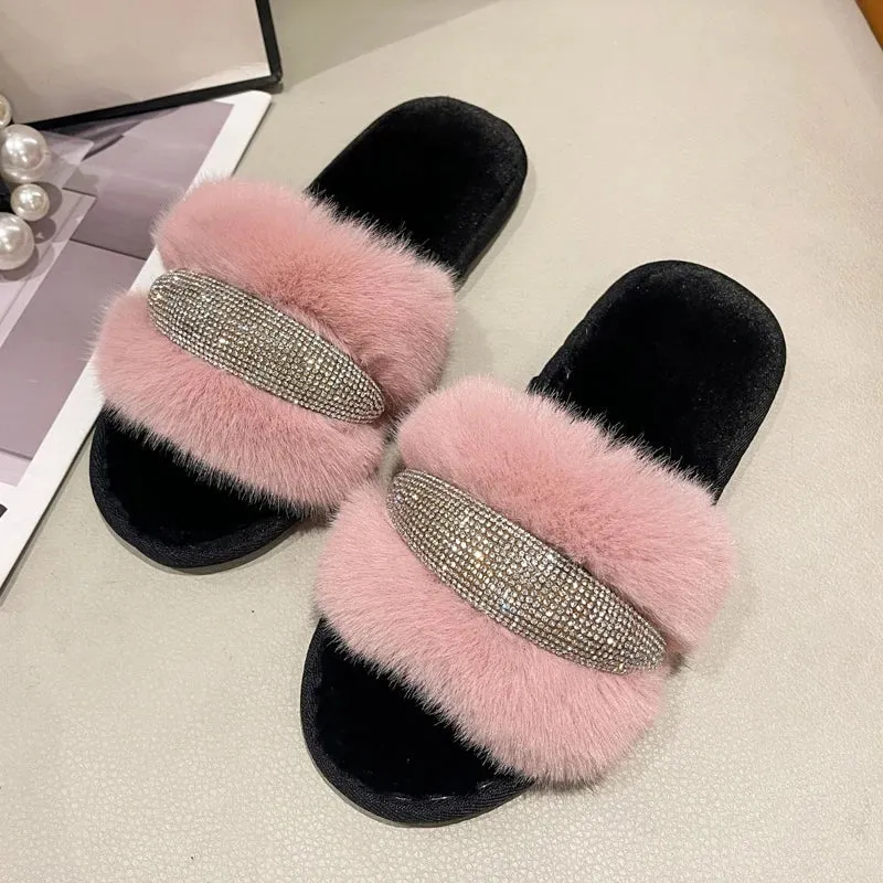 Fur Slippers with Rhinestones for Women