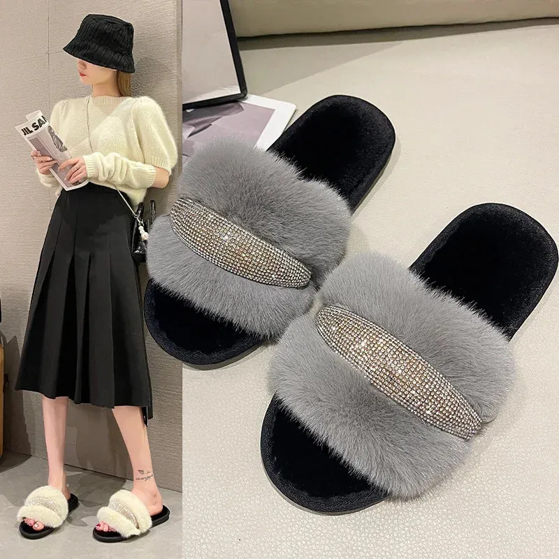 Fur Slippers with Rhinestones for Women