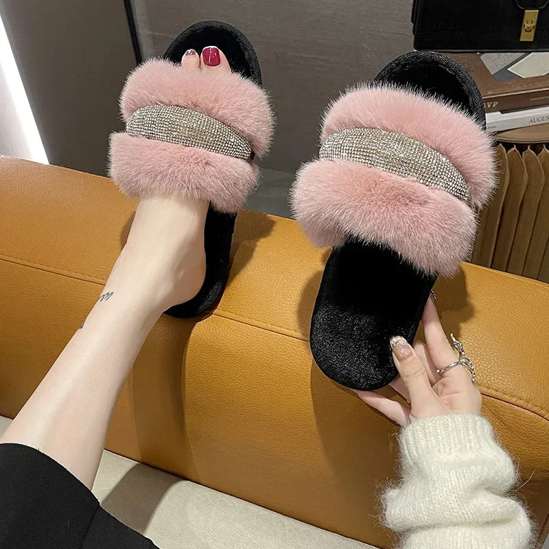 Fur Slippers with Rhinestones for Women