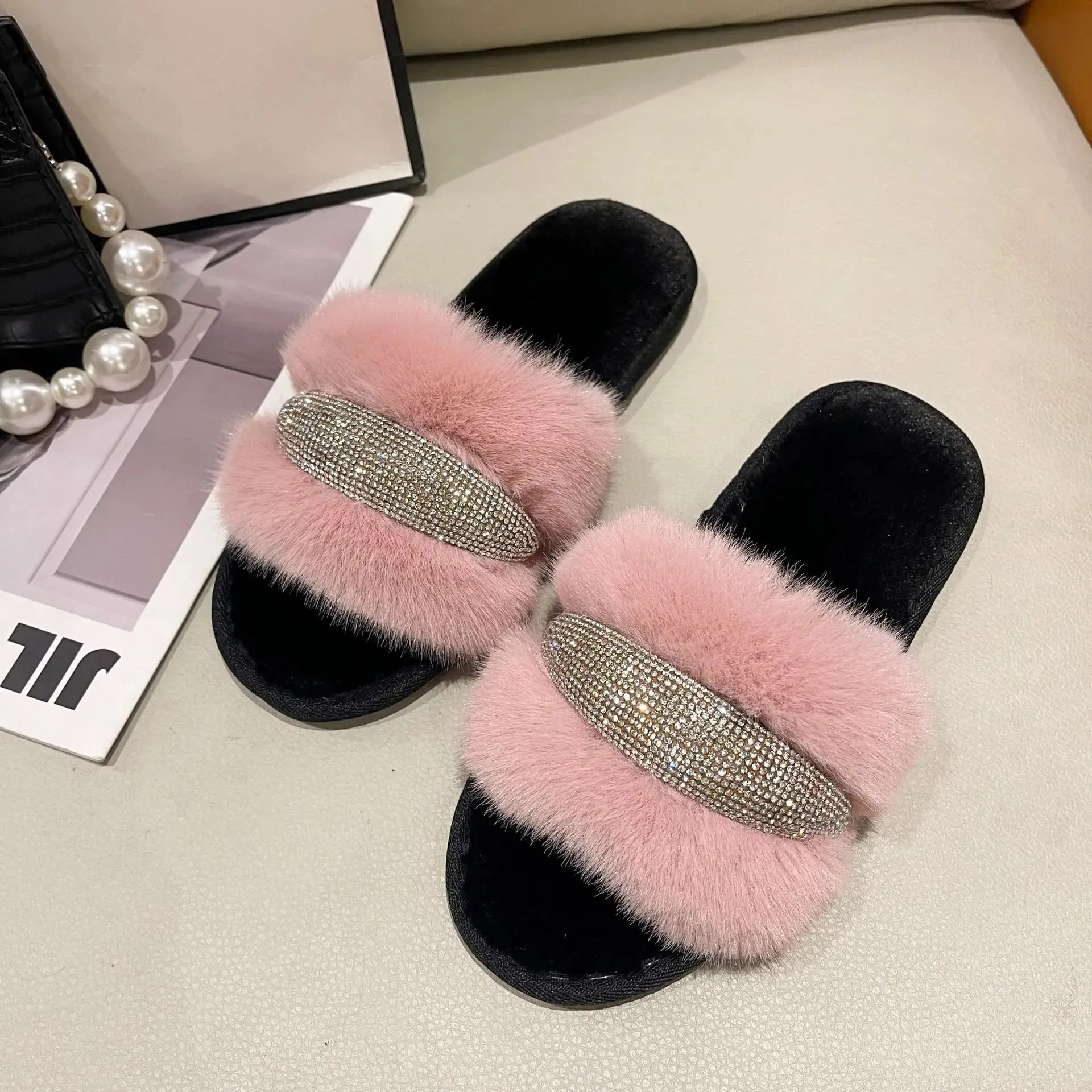 Fur Slippers with Rhinestones for Women