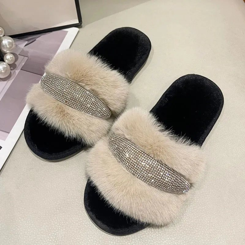 Fur Slippers with Rhinestones for Women