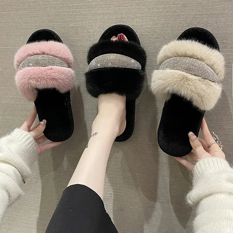 Fur Slippers with Rhinestones for Women