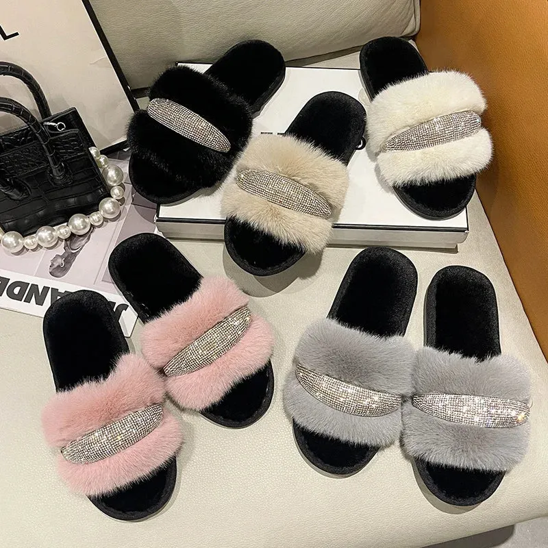 Fur Slippers with Rhinestones for Women
