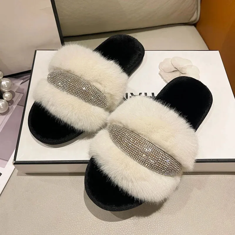 Fur Slippers with Rhinestones for Women
