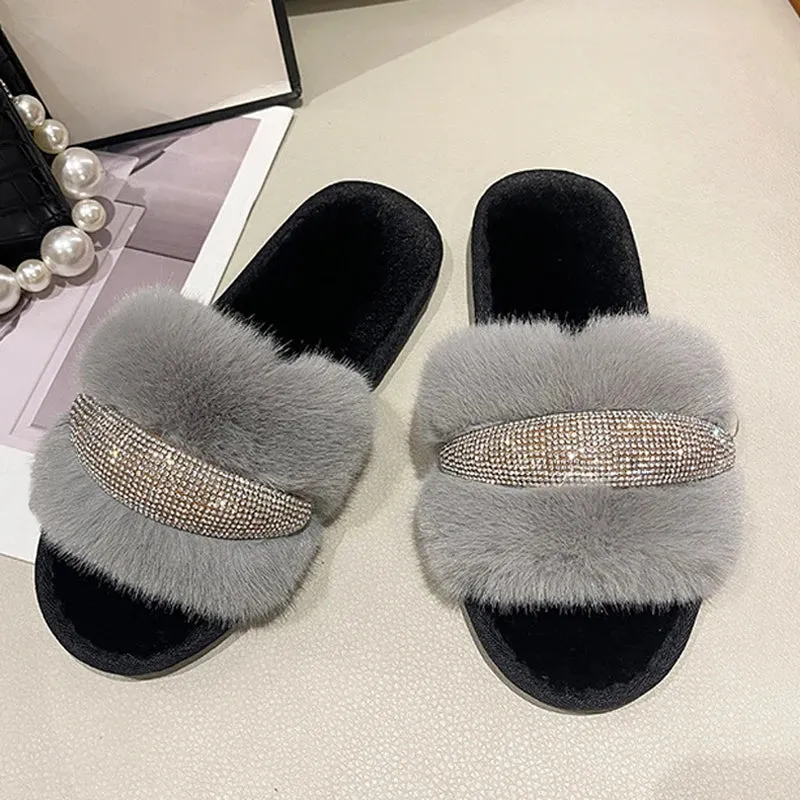 Fur Slippers with Rhinestones for Women