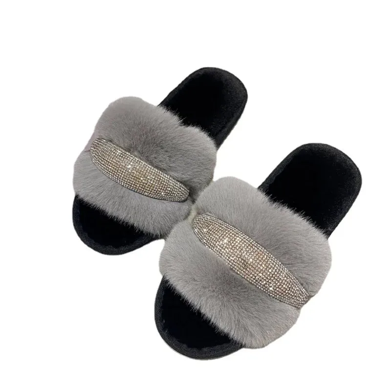 Fur Slippers with Rhinestones for Women