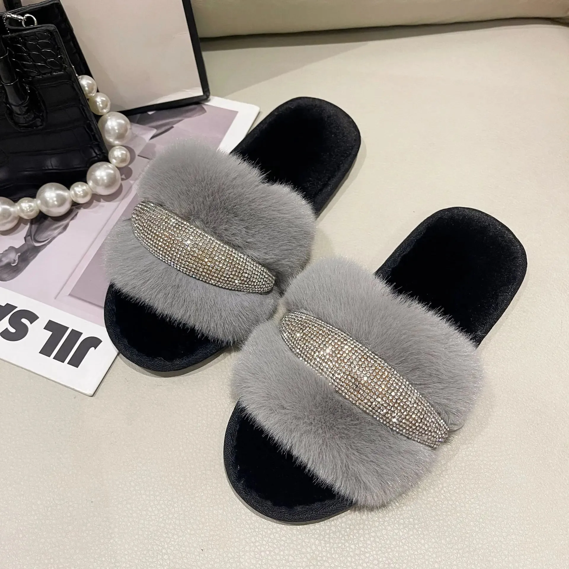 Fur Slippers with Rhinestones for Women