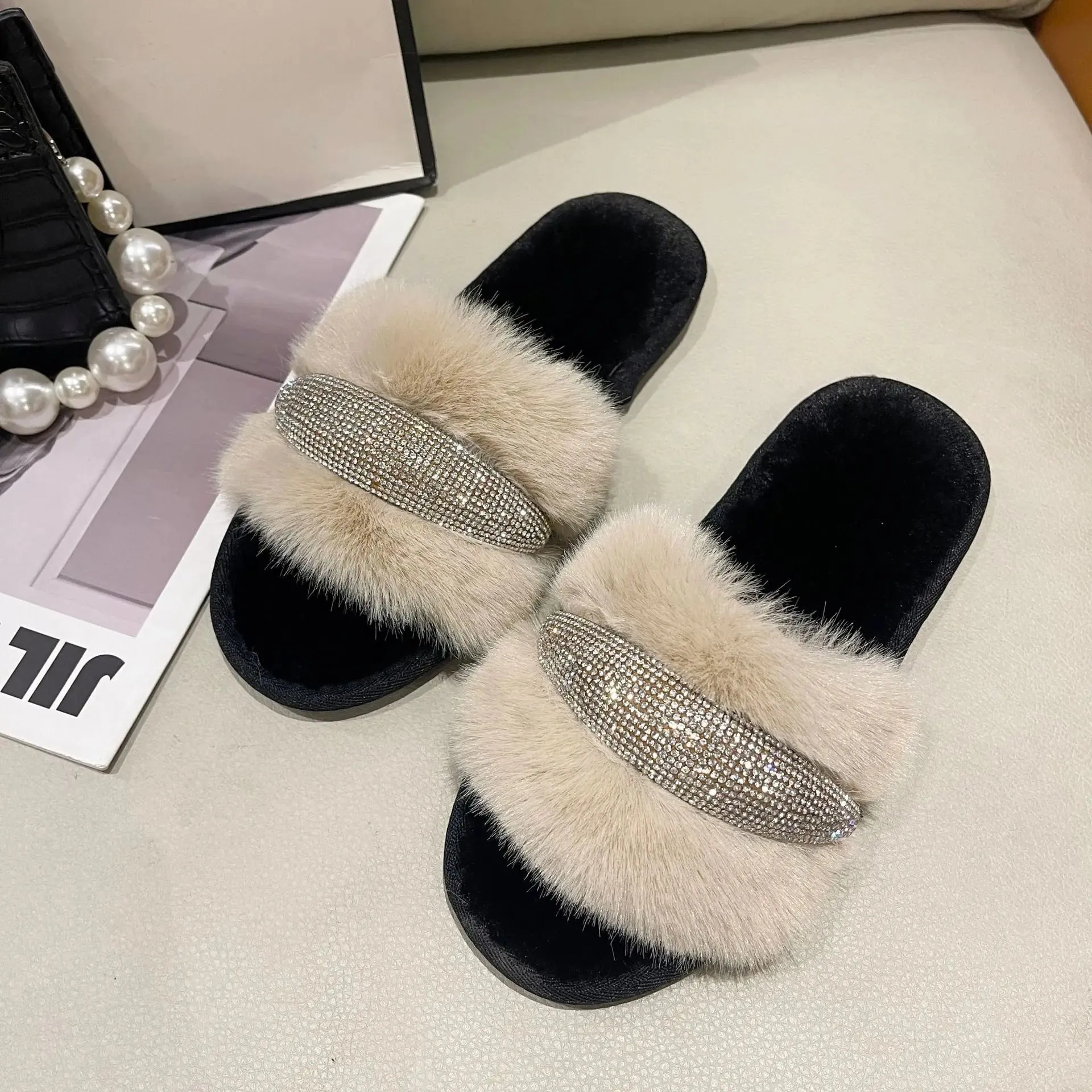 Fur Slippers with Rhinestones for Women