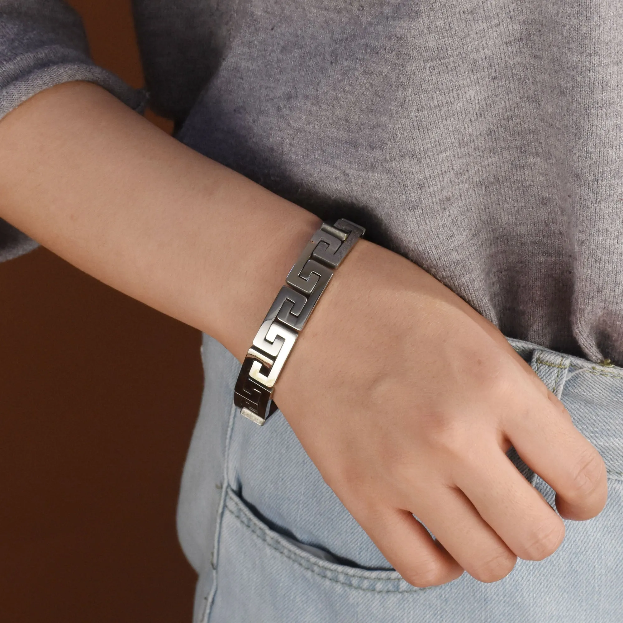 Geometric Infinity Greek Key Bracelet Black Gold Plated Stainless Steel Wood
