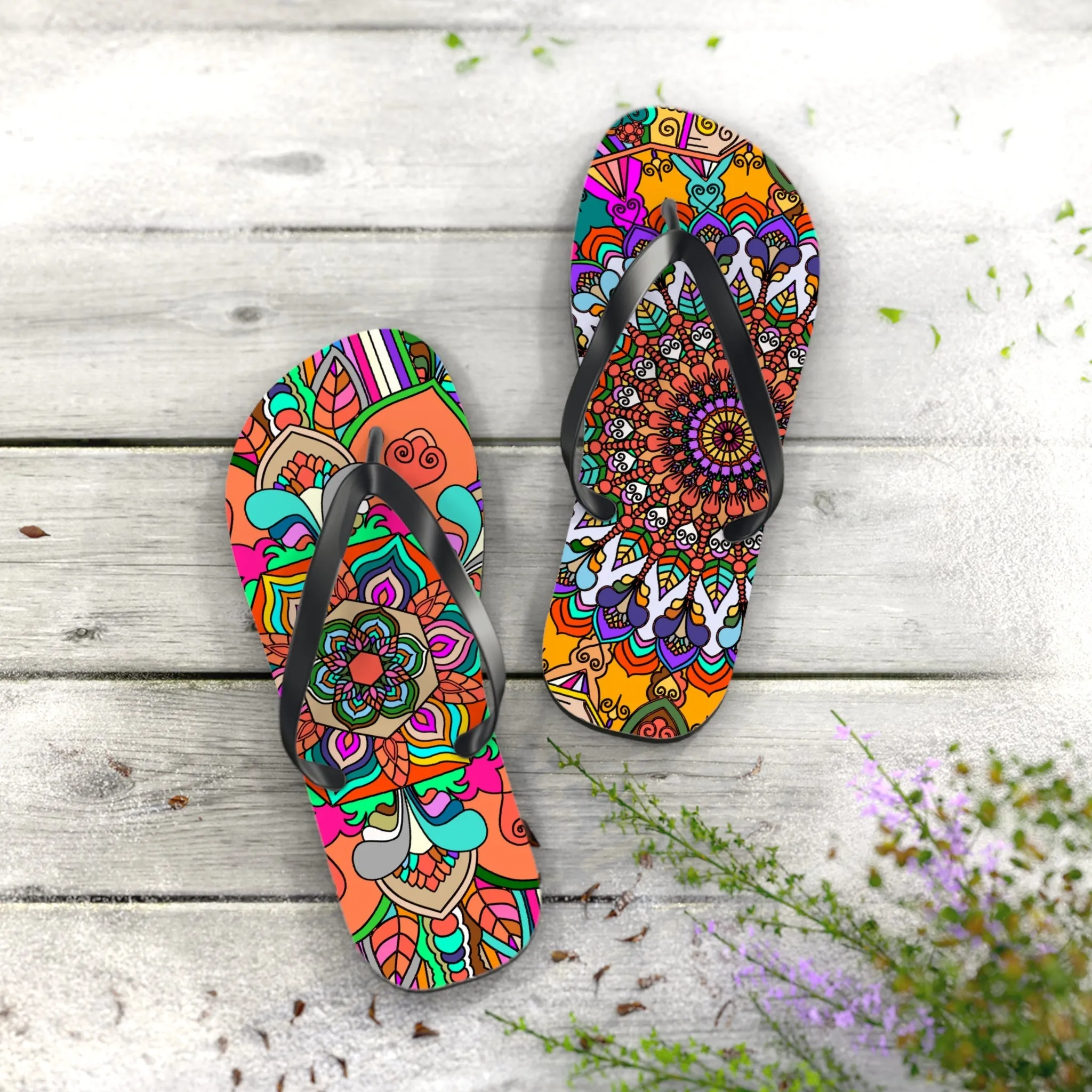Hand-Drawn Mandala Art Flip Flops - Stylish Summer Footwear