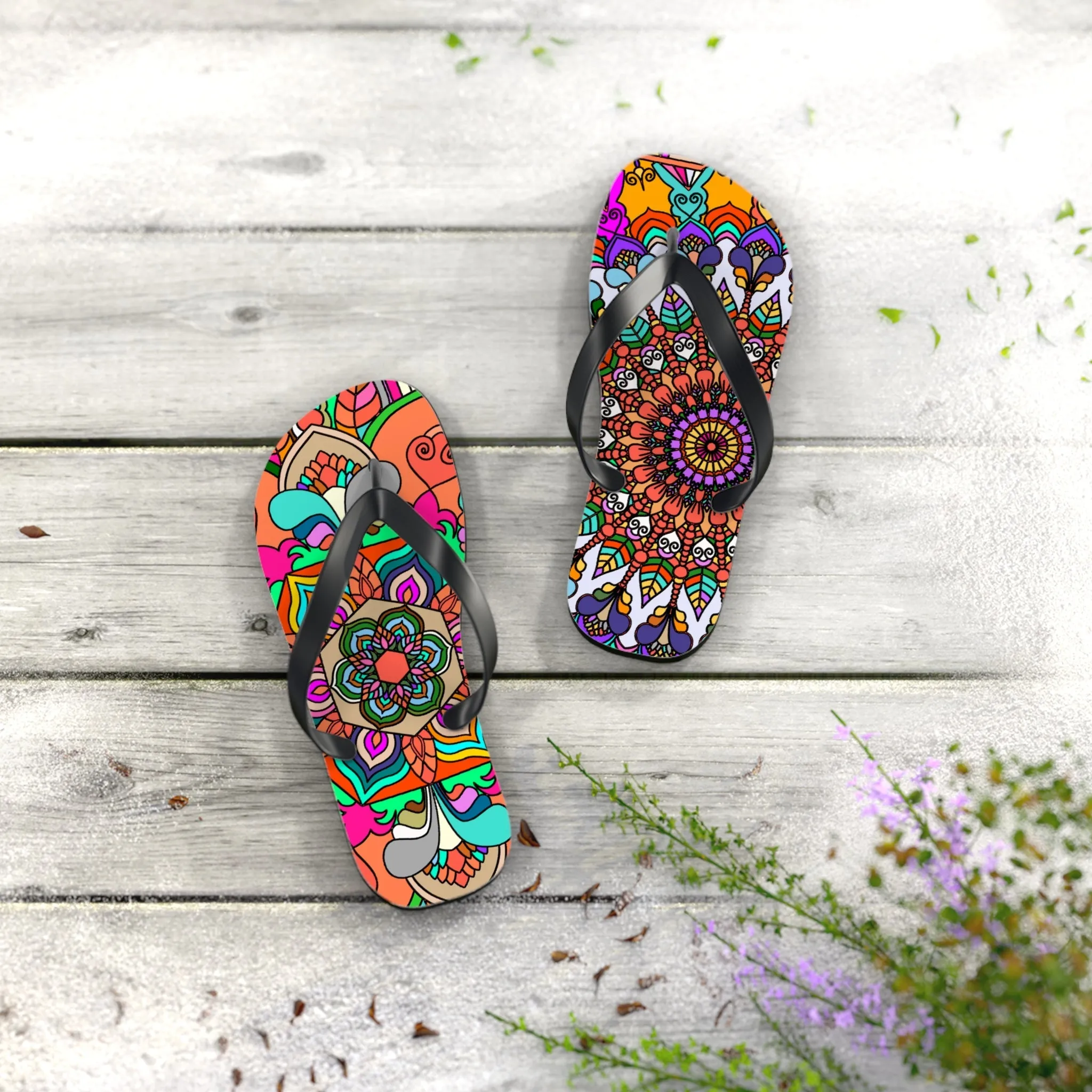 Hand-Drawn Mandala Art Flip Flops - Stylish Summer Footwear