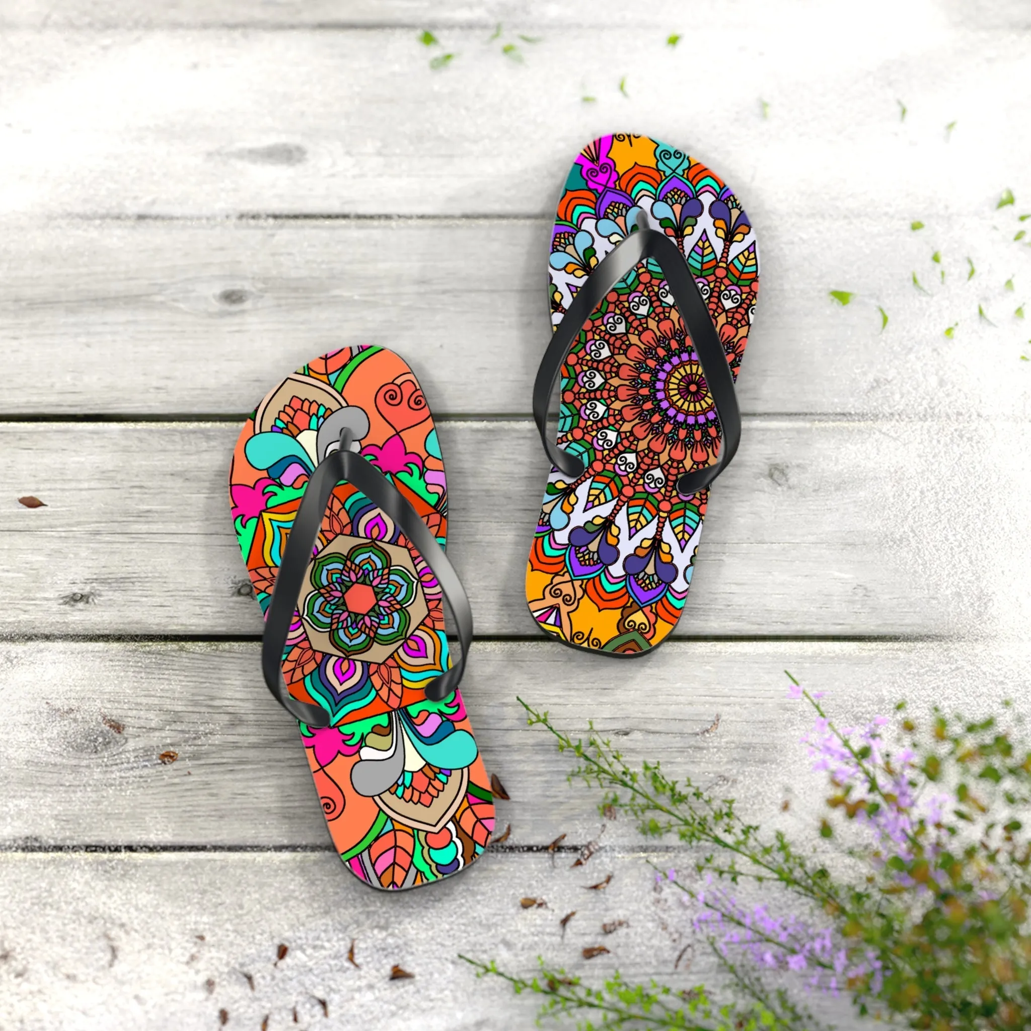 Hand-Drawn Mandala Art Flip Flops - Stylish Summer Footwear