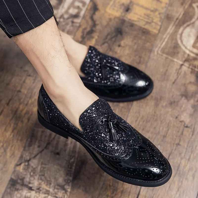 Oxford Shoes for Men Slip On Round Toe PU Leather Brogue Embossed Patchwork Tassel Slip Resistant Block Heel Rubber Sole Anti-Slip Outdoor
