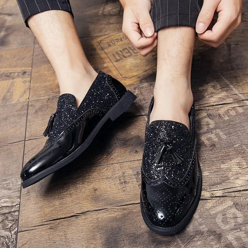 Oxford Shoes for Men Slip On Round Toe PU Leather Brogue Embossed Patchwork Tassel Slip Resistant Block Heel Rubber Sole Anti-Slip Outdoor