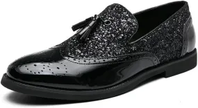 Oxford Shoes for Men Slip On Round Toe PU Leather Brogue Embossed Patchwork Tassel Slip Resistant Block Heel Rubber Sole Anti-Slip Outdoor