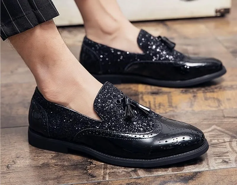 Oxford Shoes for Men Slip On Round Toe PU Leather Brogue Embossed Patchwork Tassel Slip Resistant Block Heel Rubber Sole Anti-Slip Outdoor