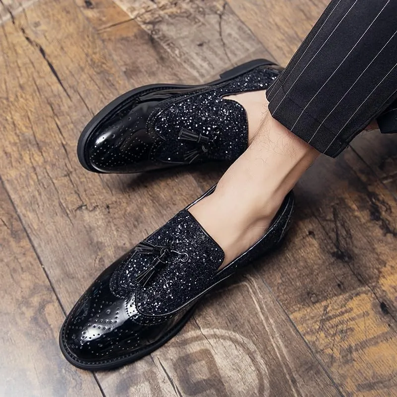 Oxford Shoes for Men Slip On Round Toe PU Leather Brogue Embossed Patchwork Tassel Slip Resistant Block Heel Rubber Sole Anti-Slip Outdoor