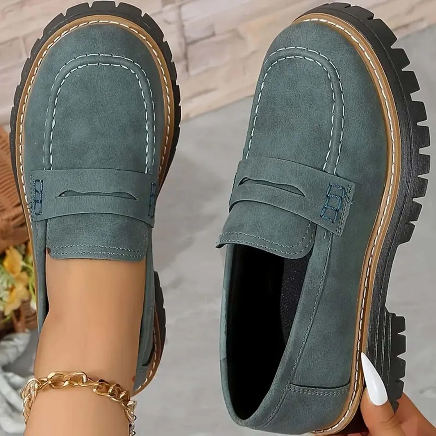 Platform Loafers for Women 2025,Women Platform Loafer,Business Casual Shoes Women,Work Shoes Women Business Casual,Suede Penny Loafers Lug Sole Slip-Ons Shoes Women Penny Loafers