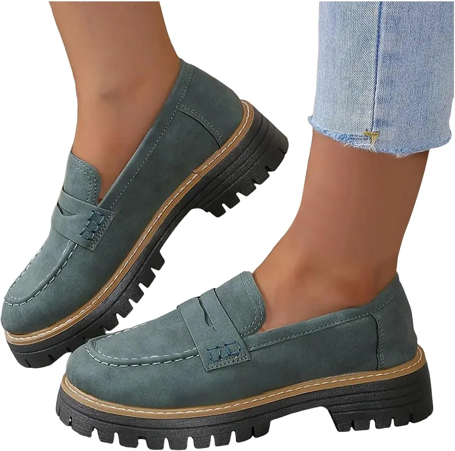 Platform Loafers for Women 2025,Women Platform Loafer,Business Casual Shoes Women,Work Shoes Women Business Casual,Suede Penny Loafers Lug Sole Slip-Ons Shoes Women Penny Loafers