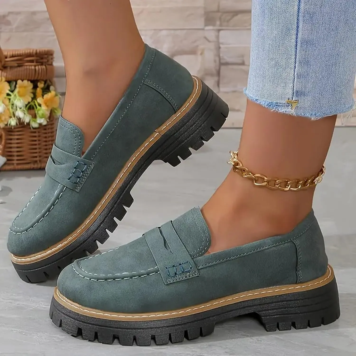 Platform Loafers for Women 2025,Women Platform Loafer,Business Casual Shoes Women,Work Shoes Women Business Casual,Suede Penny Loafers Lug Sole Slip-Ons Shoes Women Penny Loafers