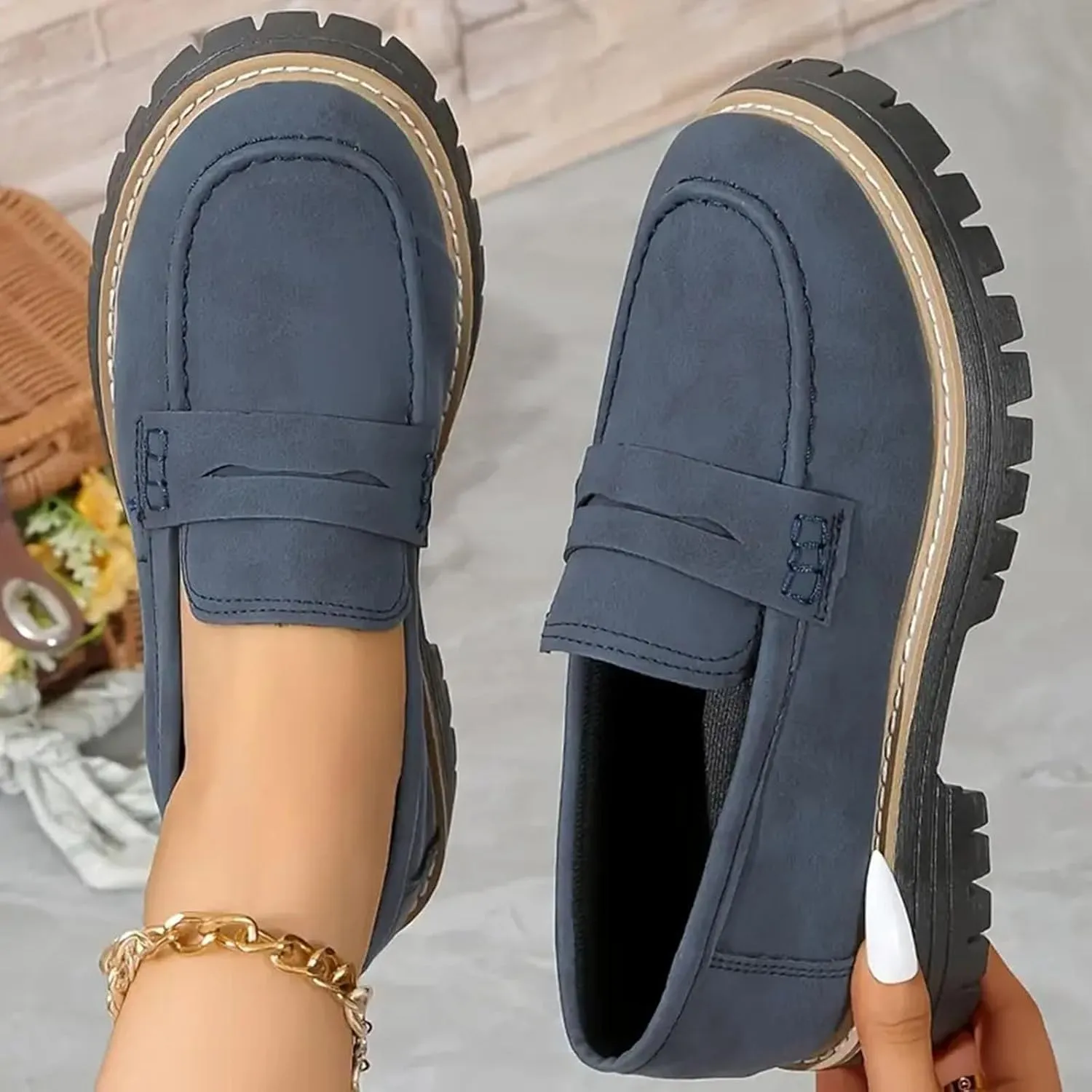 Platform Loafers for Women 2025,Women Platform Loafer,Business Casual Shoes Women,Work Shoes Women Business Casual,Suede Penny Loafers Lug Sole Slip-Ons Shoes Women Penny Loafers